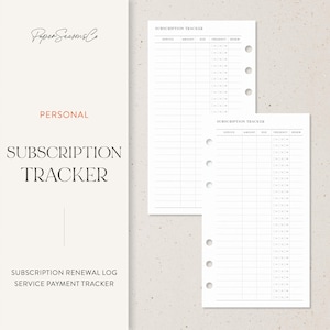 Puede incluir: Dos hojas blancas de seguimiento de suscripciones con secciones preimpresas para servicio, importe, fecha de vencimiento, frecuencia y renovación. El lado izquierdo presenta el texto "Personal Subscription Tracker" y "Subscription Renewal Log".