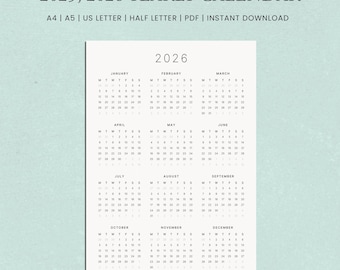 2025, 2026 Yearly Calendar Printable | One Page Overview | A4, A5, US Letter, Half Letter | Minimalist PDF Download