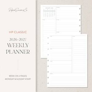 以下が含まれることがあります： ミニマルなデザインの白い週間プランナー。プランナーには、2026年1月のカレンダー、To-Doリスト、メモスペースが含まれています。「HP CLASSIC 2026-2027 WEEKLY PLANNER」というテキストが表示されています。