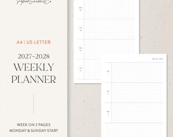 May include: A 2027-2028 weekly planner template featuring A4 and US Letter sizing. The layout displays a week on two pages with a grid design, including Monday and Sunday start options. Text includes PaperSeasonsCo, 2027-2028 WEEKLY PLANNER, and January 2027.