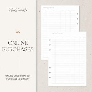 May include: White A5 size planner inserts with the text "ONLINE PURCHASES" and "ONLINE ORDER TRACKER PURCHASE LOG INSERT". The inserts have a grid layout for tracking online orders, with columns for date, item, paid, shipped, and received.