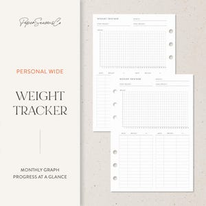 May include: Two white weight tracker pages with a grid for tracking weight loss. The pages have a header that says "Weight Tracker" and "Personal Wide". The text "Monthly Graph Progress at a Glance" is also visible.