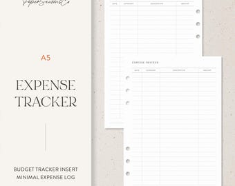 May include: White A5 expense tracker inserts with a minimalist design. The pages feature a grid layout for tracking expenses, with columns for date, category, description, and amount. The text "EXPENSE TRACKER" is displayed prominently. The words "BUDGET TRACKER INSERT" and "MINIMAL EXPENSE LOG" are also visible.