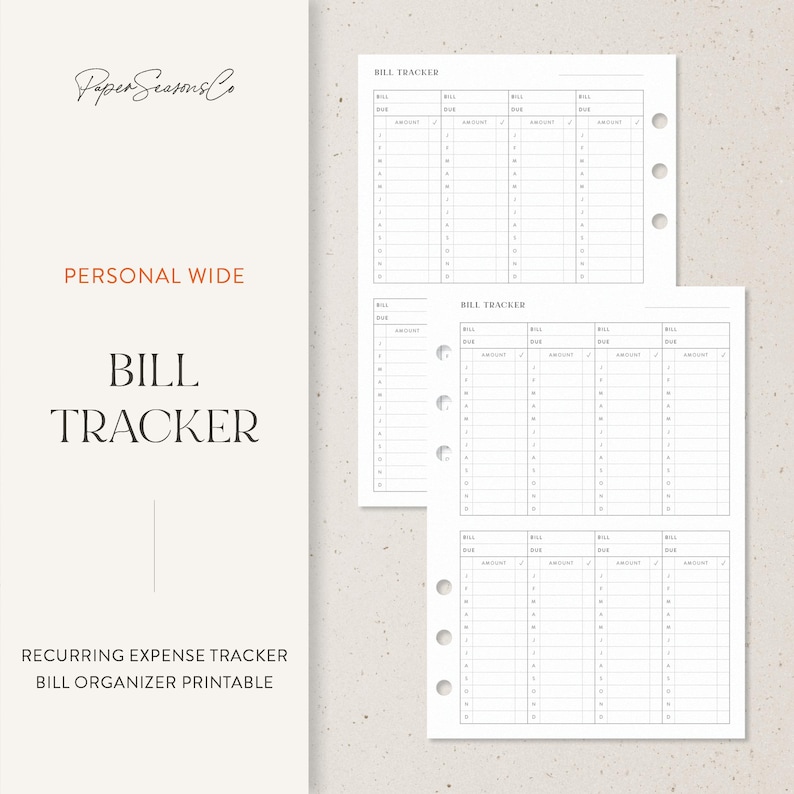 Personal Wide | Bill Tracker | Expense & Payment Log | Printable Insert ...