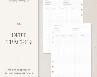 Könnte beinhalten: A5-Debt-Tracker-Planerseiten mit minimalistischem Design. Die Seiten enthalten Abschnitte zur Verfolgung von Schulddetails, mit dem Text "Debt Tracker", "Pay off debt faster, balance & payoff goals". Das Logo von Paper Seasons Co befindet sich oben.