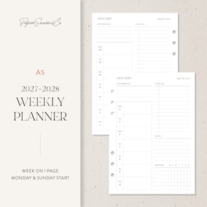 Pode incluir: Conjunto de inserções para agenda semanal A5 2027-2028 em papel branco com texto preto. O layout inclui seções para prioridades, lista de tarefas e agendamento diário. O texto diz PaperSeasonsCo, A5, 2027-2028 WEEKLY PLANNER, WEEK ON 1 PAGE, MONDAY & SUNDAY START, JANUARY e Week 1/2027.