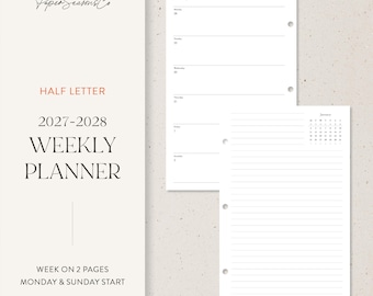 May include: A half letter 2027-2028 weekly planner insert set with two white pages featuring black text. The left side displays the PaperSeasonsCo logo, planner title, and week on 2 pages details. The right side shows lined pages with punch holes.