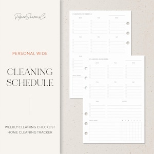 Peut inclure: Un planificateur de calendrier de nettoyage blanc avec le texte "Cleaning Schedule" et "Personal Wide". Le planificateur comprend une liste de contrôle de nettoyage hebdomadaire et un suivi de nettoyage à domicile. Le planificateur a un design minimaliste.