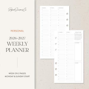 Op de afbeelding: Een witte weekplanner met een minimalistisch ontwerp. De planner bevat een kalender voor januari 2026 en een week-op-twee-pagina's-indeling. De tekst op de planner luidt "Paper Seasons Co", "Personal", "2026-2027 Weekly Planner" en "Week on 2 Pages Monday & Sunday Start."