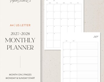 May include: A 2027-2028 monthly planner with A4 and US Letter sizing options. The planner features a month on two pages layout with Monday and Sunday start options. The text reads PaperSeasonsCo, 2027-2028 MONTHLY PLANNER, A4 | US LETTER.