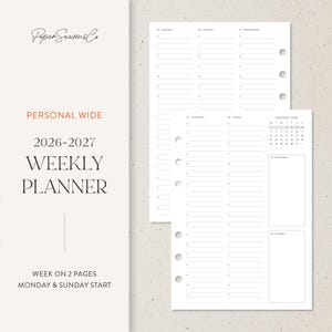 May include: A white weekly planner insert with a minimalist design. The planner includes a calendar for January 2026 and a week-on-two-pages layout. The text "PERSONAL WIDE 2026-2027 WEEKLY PLANNER" is printed on the left side.