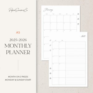 A5 | 2025-2026 Monthly Planner - Month on 2 Pages with Lined Notes Section