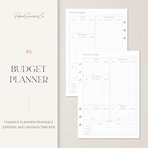 Op de afbeelding: Een witte A5 budgetplanner met de tekst "Budget Planner" in een schreefletter. De planner bevat secties voor inkomsten, uitgaven en het bijhouden van besparingen. De tekst "Finance Planner Printable Expense and Savings Tracker" is ook zichtbaar.