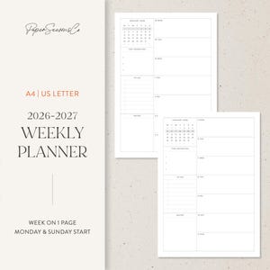 Peut inclure: Un agenda hebdomadaire blanc au design minimaliste. L'agenda comprend un calendrier pour janvier 2026, un espace pour les principales priorités, les listes de tâches et les notes. Le texte "A4 | US LETTER" et "2026-2027 WEEKLY PLANNER" sont visibles.