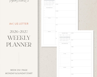 A4, US Letter | 2026-2027 Weekly Planner Refill, Week on 1 Page with Priorities & To-Do