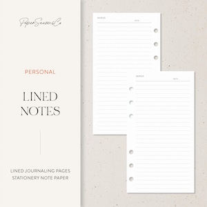 Pode incluir: Papel de notas branco com linhas e furos pré-perfurados para um fichário. O texto do lado esquerdo diz "Paper Seasons Co", "Personal", "Lined Notes" e "Lined Journaling Pages Stationery Note Paper". A parte superior do papel de notas tem as palavras "Notes" e "Date".