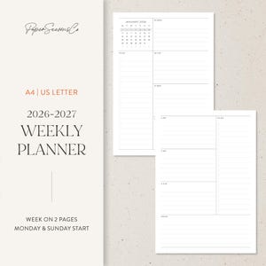 May include: A weekly planner with a minimalist design. The cover features the text "Paper Seasons Co," "A4 | US LETTER," and "2026-2027 WEEKLY PLANNER." The planner includes a calendar for January 2026 and sections for daily to-do lists and notes.