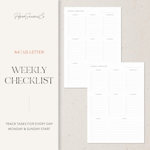 Könnte beinhalten: Zwei weiße Wochen-Checklisten im minimalistischen Design. Der Text "WEEKLY CHECKLIST" steht oben auf jeder Seite. Die Blätter sind mit Wochentagen beschriftet und haben Kontrollkästchen. Der Text "A4 | US LETTER" ist ebenfalls sichtbar.