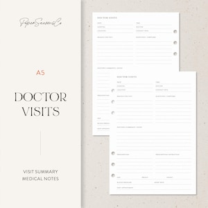May include: A5 size Doctor Visits medical notes pages. The pages are white with a minimalist design, featuring sections for visit details, doctor's comments, and prescriptions. The text "Doctor Visits" is prominently displayed.