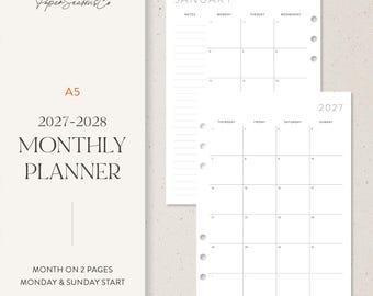 Puede incluir: Un conjunto de insertos de planificador mensual A5 en blanco para 2027-2028 con diseño de mes en dos páginas. Las hojas incluyen texto negro, una columna de notas y un calendario. El texto incluye PaperSeasonsCo, A5, 2027-2028 MONTHLY PLANNER, JANUARY, 2027.
