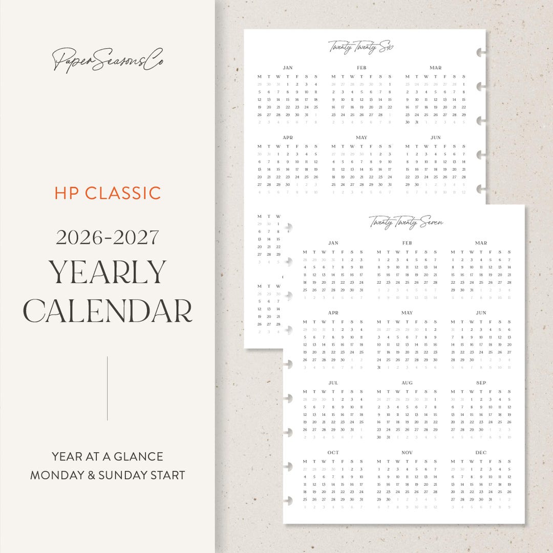 HP Classic | 2026-2027 Yearly Calendar Insert, Year at a Glance Layout ...