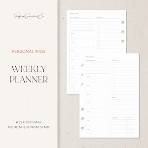 May include: A white weekly planner insert with the text "WEEKLY PLANNER" and "PERSONAL WIDE". The planner includes sections for each day of the week, a to-do list, and a tracker. The design is minimalist and elegant.