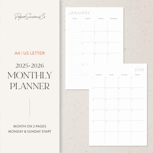 Calendario MO2P 2025, 2026, tamaño A4, carta (EE. UU.) / Diseño minimalista de mes en dos páginas / Planificador imprimible con fecha