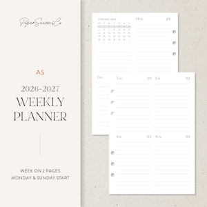 May include: A5 weekly planner for 2026-2027 with a week-on-two-pages layout. The planner features a Monday and Sunday start, with a January 2026 calendar view. The pages are white with gray text and lines, and have pre-punched holes for binding.