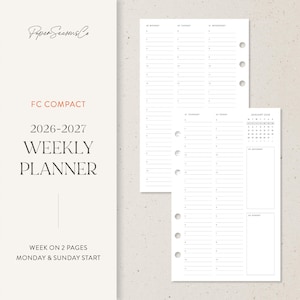 Könnte beinhalten: Ein weißer Wochenplaner-Einsatz mit minimalistischem Design. Der Planer enthält einen Kalender für Januar 2026 und ein Wochen-auf-zwei-Seiten-Layout. Der Text auf dem Planer lautet "FC COMPACT 2026-2027 WEEKLY PLANNER".