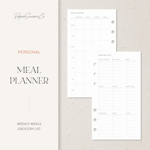 Puede incluir: Un planificador de comidas y una lista de compras blancos con un diseño minimalista. El planificador de comidas incluye secciones para desayuno, almuerzo, cena y merienda, con espacio para cada día de la semana. La lista de compras tiene secciones para frutas, carne, lácteos y más. Texto a la izquierda: "Personal Meal Planner".