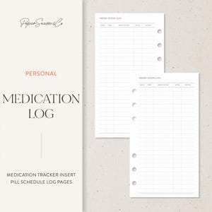 May include: Two white medication log pages with a grid layout for tracking medication details. The pages are labeled "Medication Log" at the top and include columns for date, time, medication, dose, and notes. The left side has the text "Personal" and "Medication Log".