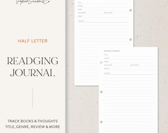 May include: A white reading journal with lined pages and a header that says "Reading Journal". The journal includes sections for title, author, genre, date started, date finished, rating, and thoughts. The cover reads "Half Letter Reading Journal".