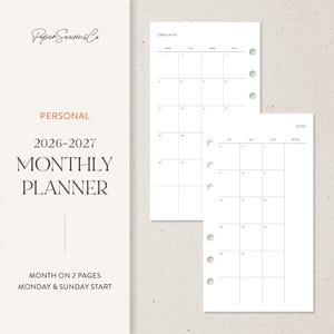 Personal size monthly planner insert for 2026 with simple two-page calendar and six-hole punch