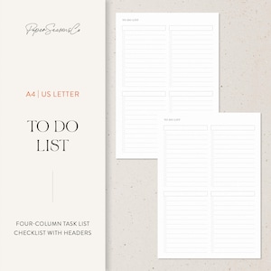 Könnte beinhalten: Zwei weiße To-Do-Listen-Blätter mit einem Layout mit vier Spalten und Überschriften. Der Text "TO DO LIST" ist oben auf jedem Blatt aufgedruckt. Das linke Blatt trägt den Text "A4 | US LETTER" und "TO DO LIST".
