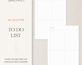 May include: Two white to-do list sheets with a four-column layout and headers. The text "TO DO LIST" is printed at the top of each sheet. The left sheet has the text "A4 | US LETTER" and "TO DO LIST" printed in a stylish font.