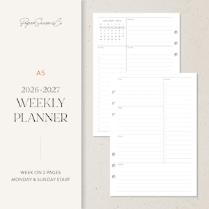 May include: A5 weekly planner for 2026-2027, featuring a week-on-two-pages layout. The design includes a January 2026 calendar, to-do lists, and space for notes. The planner is white with black text and the brand name "Paper Seasons Co".