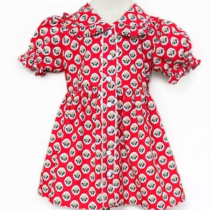 Vintage Red Floral Girls Dress - Puff Sleeve Toddler Dress, Daisy Print Cotton Outfit, Handmade Buttons Retro Kids Clothing