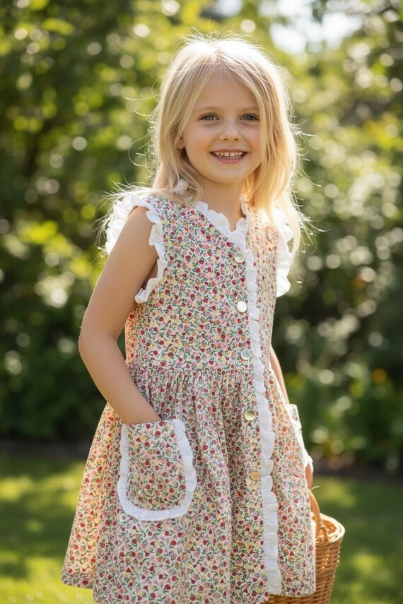 organic cotton toddler dress Organic Cotton Baby Dress Floral Ruffle Heirloom Cottagecore Pockets Artisan Handmade Toddler Vintage Kids