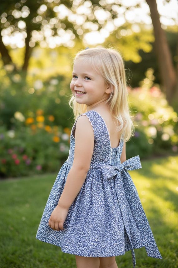 French Blue Floral Dress Vintage Inspired Cotton Girl Outfit Bow Limited  Edition Handmade Cottini