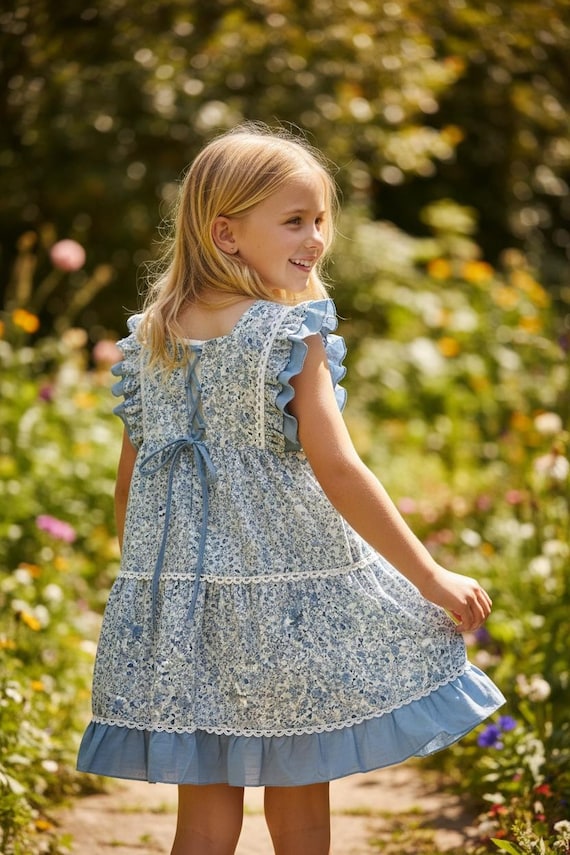 toddler blue floral dress Handmade Blue Floral Girl Dress Vintage Cotton Summer Toddler Outfit 7Y