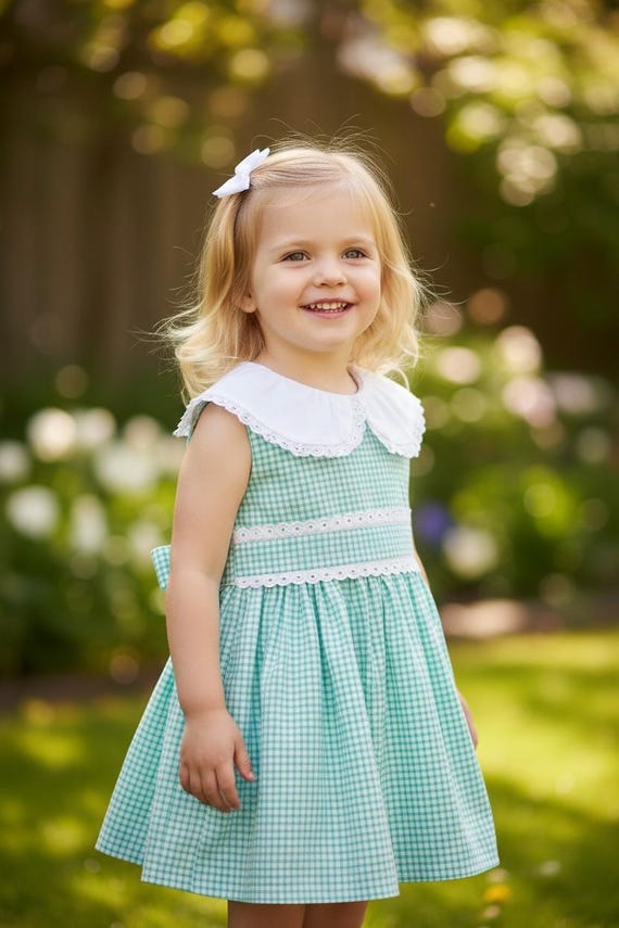 Vintage Green Gingham Baby Dress Cotton Lace Handmade Summer Outfit 1-5t Special Occasion