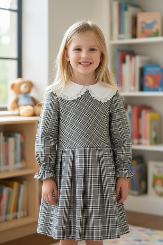 Parisian Check Girls Dress, 100% Cotton, Fully Lined, Winter Plaid School Outfit
