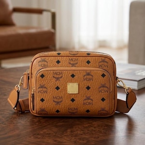 MCM Leather Crossbody Bag Brown MCM Visetos Monogram Luxury Designer Shoulder Bag for Women Small Travel Messenger Bag Gift for Her