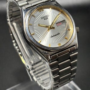 Vintage Seiko 5 Automatic Men’s stainless steel silver dial Wrist watch 21 Jewels serviced Gift for him, father, Friends