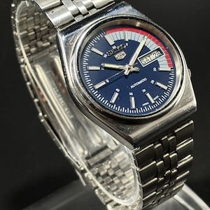 Vintage Seiko 5 automatisch roestvrijstalen herenpolshorloge, Japans kaliber, 6309A, 17 juwelen blauwe wijzerplaat