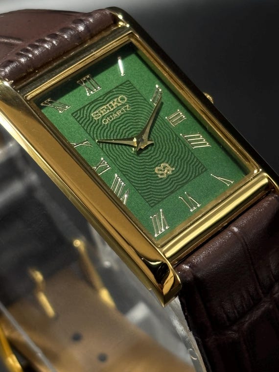 Vintage Seiko Tank Watch: Slim Quartz, Green Face, Leather Band - Etsy
