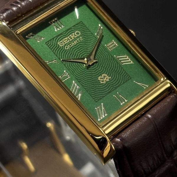 Vintage Seiko Tank Watch: Slim Quartz, Green Face, Leather Band