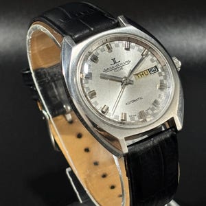 Vintage 1990er Jahre Jaeger LeCoultre Club Automatik Herren Leder Armbanduhr, silbernes Zifferblatt, Schweizer Uhr, Refurbish, 1916 - Ref Geschenk Vater/Ihm