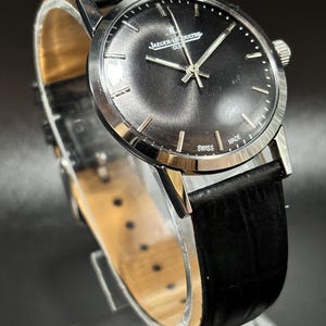 Vintage Jaeger LeCoultre Club Handaufzug Leder Armbanduhr, Schwarzes Zifferblatt, Schweizer Uhr, Alte Uhr, Geschenk für Vater, Ihn