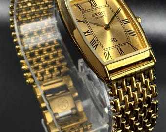 Vintage Seiko Solar Tank Watch Men Goldtone Rectangle Dial V115